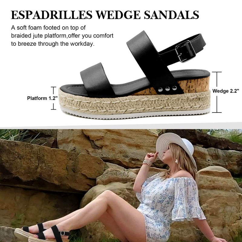 Athlefit Women's Espadrilles Platform Wedge Sandals Casual Open Toe Ankle Strap Buckle Summer Sandals, Black, Size 7, AD00502 - Image 3